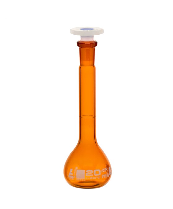 Мерная колба, янтарного цвета, 20 мл, с пробкой из химически стойкого PP, боросиликатное стекло / Flask Volumetric Amber, cap. 20 ml, fitted with chemical resistance polypropylene stopper, borosilicate glass
