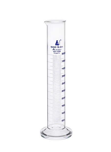 Цилиндр мерный градуированный, 500 мл, класса «A», круглая основа с носиком, боросиликатное стекло, синяя шкала / Cylinder Measuring Graduated, cap. 500 ml, class 'A', round base with spout, borosilicate glass, Blue Graduation