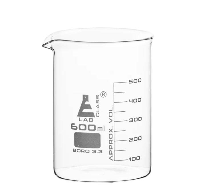 Стаканы - стеклянные - низкая форма, с носиком из боросиликатного стекла, градуированные, 600 мл / Beakers - Glass - Low Form, with spout made of borosilicate glass, graduated, 600 ml