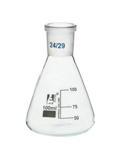Колба Эрленмейера 100 мл, шлиф 29/32, узкое горло, со сменным шарниром, боросиликатное стекло / Flask Conical 100 ml, Socket size 29/32, narrow neck, with interchangeable joint, borosilicate glass