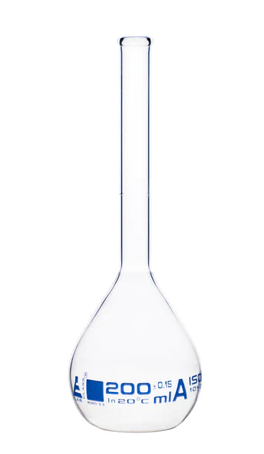 Мерная колба класса «А», 200 мл, боросиликатное стекло, с ободком, без пробки / Flask Volumetric class 'A', cap. 200 ml, borosilicate glass with rim without stopper