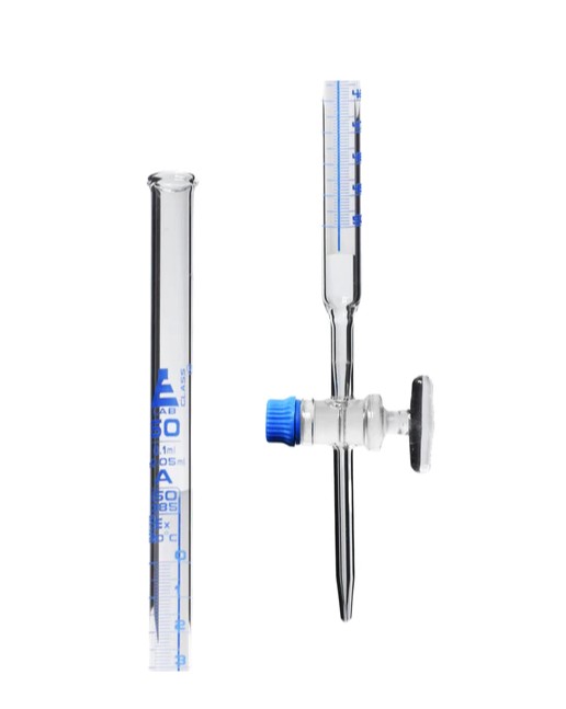 Бюретки, с полоской Шелбаха, краном из стекла, 50 мл., класса «A», синяя шкала / Burettes Schellbach glass stopcock, cap. 50 ml, class 'A', Blue Graduation