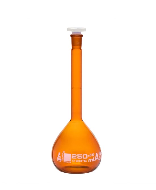 Мерная колба, янтарного цвета, 250 мл, с пробкой из химически стойкого PP, боросиликатное стекло / Flask Volumetric Amber, cap. 250 ml, fitted with chemical resistance polypropylene stopper, borosilicate glass