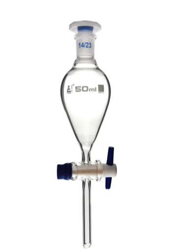 Разделительная воронка, грушевидная форма - кран PTFE, пластиковая пробка, 50 мл / Squibb Separating Funnel - PTFE Key Stopcock, Plastic Stopper 50 ml