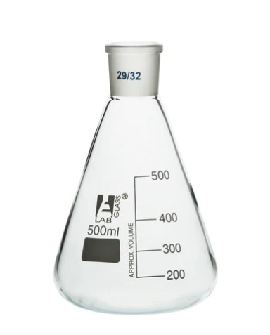 Колба Эрленмейера 500мл, шлиф 29/32, узкое горло, со сменным шарниром, боросиликатное стекло / Flask Conical 500 ml, Socket size 29/32, narrow neck, with interchangeable joint, borosilicate glass