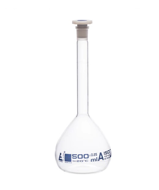 Мерная колба класса «А», 500 мл, шлиф 19/26, боросиликатное стекло, синяя маркировка / Flask Volumetric class 'A', cap. 500 ml, socket size 19/26, borosilicate glass, Blue Printing