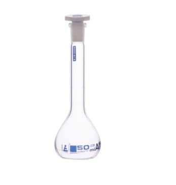 Колба Объемный класс «А», колпачок. 50 мл, размер розетки 12/21, боросиликатное стекло, синяя печать