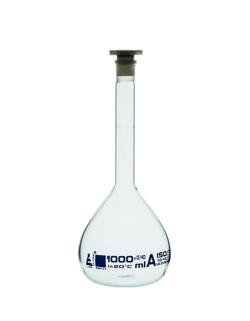 Мерная колба класса «А», 1000 мл, шлиф 24/29, боросиликатное стекло, синяя маркировка / Flask Volumetric class 'A', cap. 1000 ml, socket size 24/29, borosilicate glass, Blue Printing