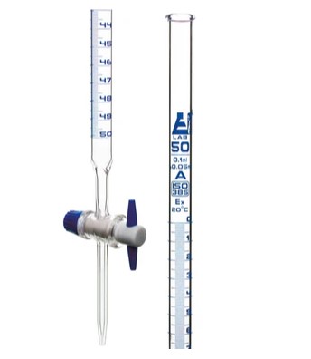 Бюретки со сменным запорным краном из ПТФЭ с прямым отверстием, вместимостью 50 мл, доп. Div. 0,10 мл Допуск ± 0,05 мл, класс 'A', градация синего цвета