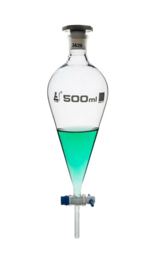 Разделительная воронка, грушевидная форма - кран PTFE, пластиковая пробка, 500 мл / Squibb Separating Funnel - PTFE Key Stopcock, Plastic Stopper 500 ml