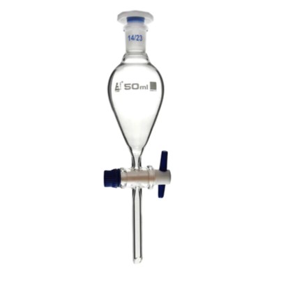 Разделение воронки - Squibb, cap. 50 мл, размер патрубка 14/23, боросиликатное стекло, со сменной пластиковой пробкой и запорным краном из ПТФЭ, без градации