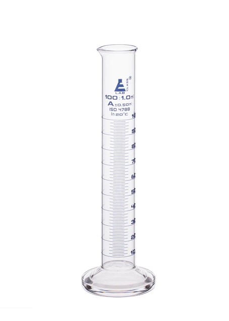 Цилиндр мерный градуированный, 100 мл, класса «A», круглая основа с носиком, боросиликатное стекло, синяя шкала / Cylinder Measuring Graduated, cap. 100 ml, class 'A', round base with spout, borosilicate glass, Blue Graduation