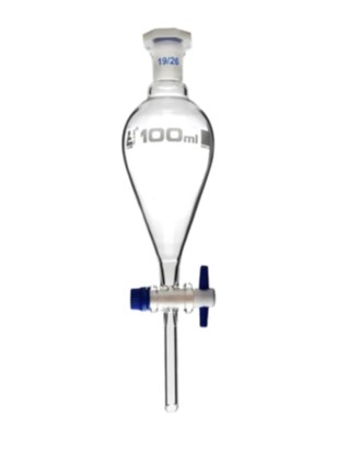 Разделительная воронка - Squibb, cap. 100 мл, размер патрубка 19/26, боросиликатное стекло, со сменной пластиковой пробкой и запорным краном из ПТФЭ, без градации