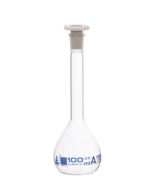 Мерная колба класса «А», 100 мл, шлиф 14/23, боросиликатное стекло, синяя маркировка / Flask Volumetric class 'A', cap. 100 ml, socket size 14/23, borosilicate glass, Blue Printing