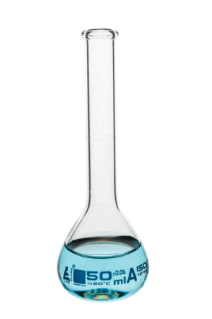 Мерная колба класса «А», 50 мл, боросиликатное стекло, с ободком, без пробки / Flask Volumetric class 'A', cap. 50 ml, borosilicate glass with rim without stopper