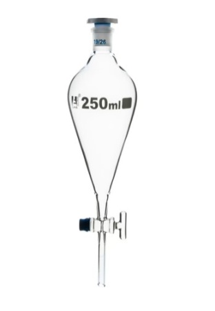 Разделительная воронка, грушевидная форма - кран из стекла, пластиковая пробка, 250 мл / Squibb Separating Funnel - Glass Key Stopcock, Plastic Stopper 250 ml