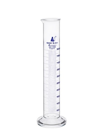 Цилиндр мерный градуированный, 500 мл, класса «A», круглая основа с носиком, боросиликатное стекло, синяя шкала / Cylinder Measuring Graduated, cap. 500 ml, class 'A', round base with spout, borosilicate glass, Blue Graduation