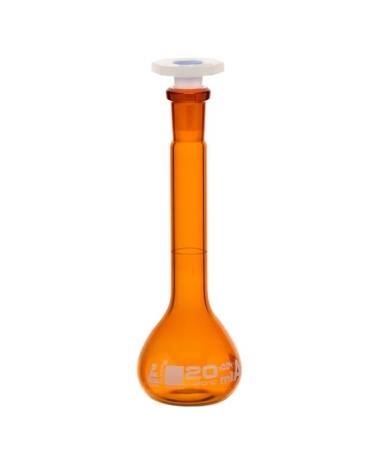 Мерная колба, янтарного цвета, 20 мл, с пробкой из химически стойкого PP, боросиликатное стекло / Flask Volumetric Amber, cap. 20 ml, fitted with chemical resistance polypropylene stopper, borosilicate glass