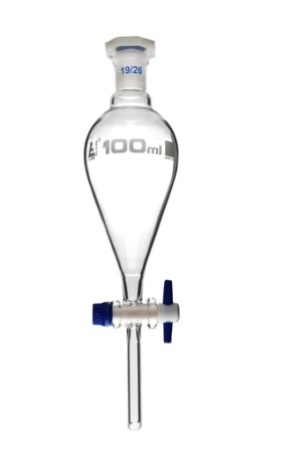 Разделительная воронка, грушевидная форма - кран PTFE, пластиковая пробка, 100 мл / Squibb Separating Funnel - PTFE Key Stopcock, Plastic Stopper 100 ml