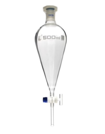 Разделительная воронка, грушевидная форма - кран из стекла, пластиковая пробка, 500 мл / Squibb Separating Funnel - Glass Key Stopcock, Plastic Stopper 500 ml