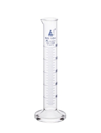 Цилиндр мерный градуированный, 50 мл, класса «A», круглая основа с носиком, боросиликатное стекло, синяя шкала / Cylinder Measuring Graduated, cap. 50 ml, class 'A', round base with spout, borosilicate glass, Blue Graduation