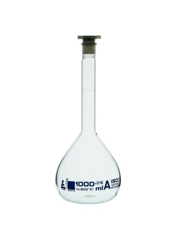 Мерная колба класса «А», 1000 мл, шлиф 24/29, боросиликатное стекло, синяя маркировка / Flask Volumetric class 'A', cap. 1000 ml, socket size 24/29, borosilicate glass, Blue Printing