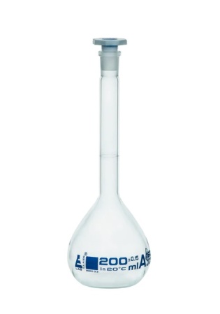 Мерная колба класса «А», 200 мл, шлиф 14/23, боросиликатное стекло, синяя маркировка / Flask Volumetric class 'A', cap. 200 ml, socket size 14/23, borosilicate glass, Blue Printing