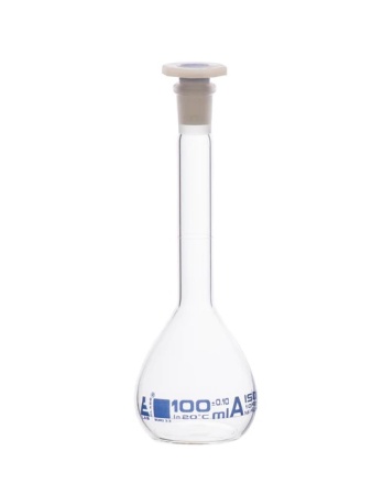 Мерная колба класса «А», 100 мл, шлиф 14/23, боросиликатное стекло, синяя маркировка / Flask Volumetric class 'A', cap. 100 ml, socket size 14/23, borosilicate glass, Blue Printing