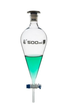 Разделительная воронка, грушевидная форма - кран PTFE, пластиковая пробка, 500 мл / Squibb Separating Funnel - PTFE Key Stopcock, Plastic Stopper 500 ml