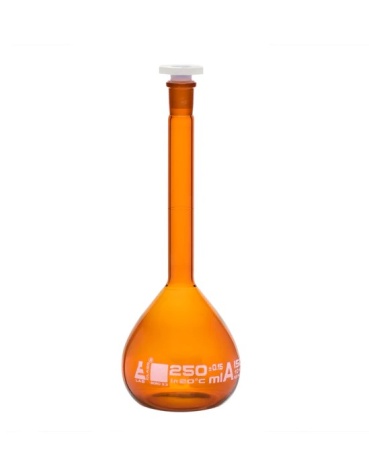 Мерная колба, янтарного цвета, 250 мл, с пробкой из химически стойкого PP, боросиликатное стекло / Flask Volumetric Amber, cap. 250 ml, fitted with chemical resistance polypropylene stopper, borosilicate glass