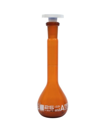 Мерная колба, янтарного цвета, 25 мл, с пробкой из химически стойкого PP, боросиликатное стекло / Flask Volumetric Amber, cap. 25 ml, fitted with chemical resistance polypropylene stopper, borosilicate glass